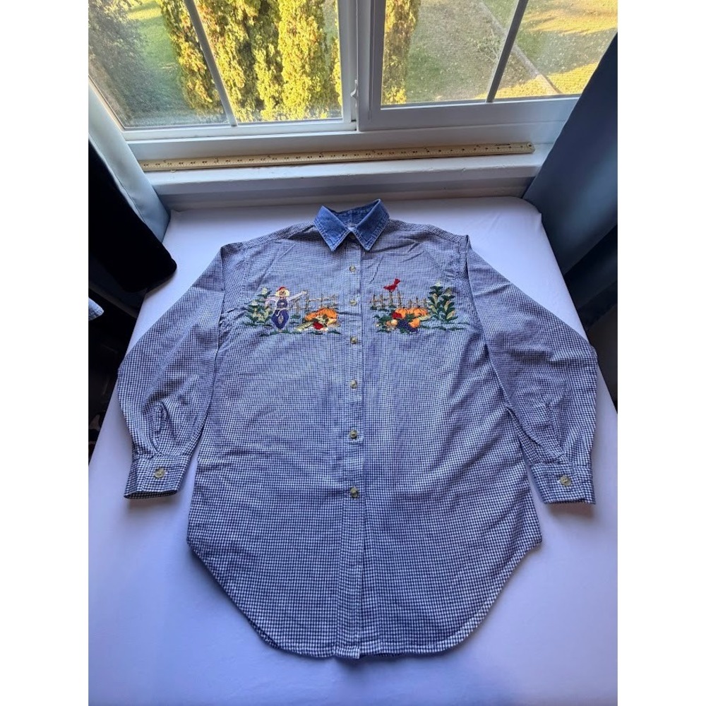 VTG Happy Fall Ya'll Gingham 100% Cotton Embroidered Button Down - Small